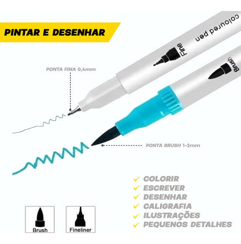 Caneta Brush Pen 24 Cores Duas Pontas Pincel Fina Canetinha