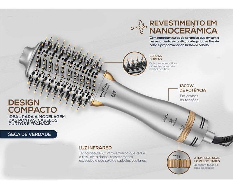 Escova Secadora Britânia Bes33sd Compact 4 Em 1 Bivolt 1300w Cor Prata e dourado 110V/220V