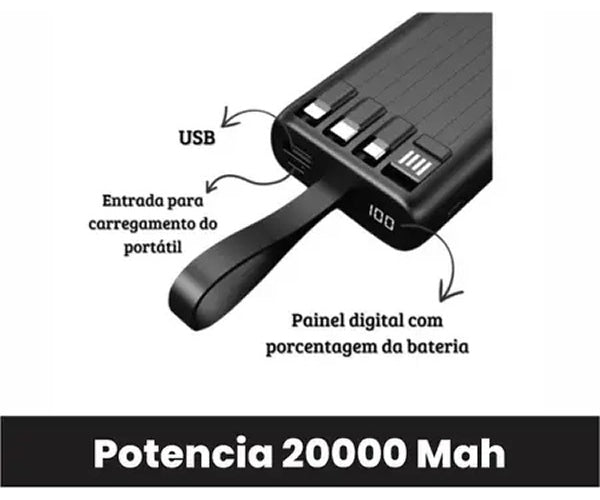 Carregador Portátil Power Bank 20.000 Universal Com Lanterna Cor Preto