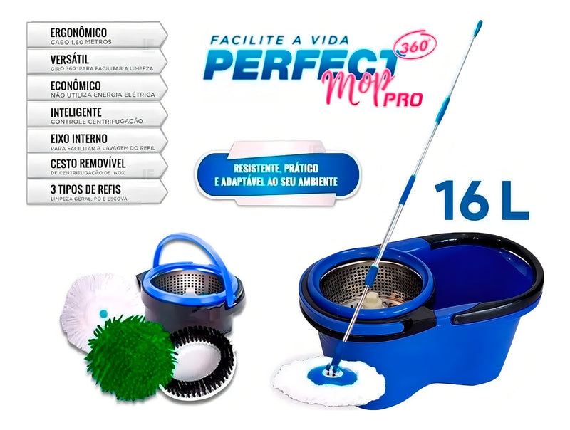 Perfect Mop Pro 16L 360 Inox balde com 3 refis azul