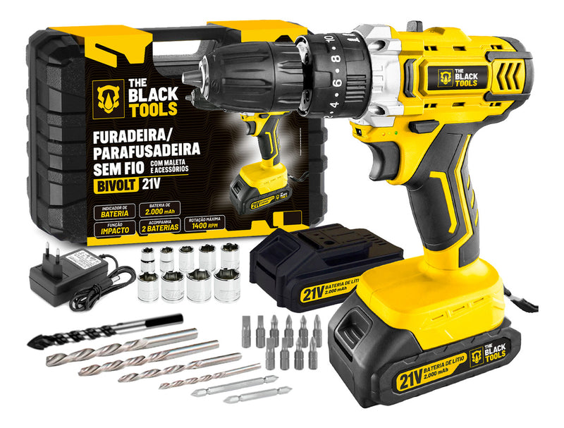 Furadeira E Parafusadeira De Impacto Bateria 21v 3/8 Tb-21pkx The Black Tools Com Maleta E Acessorios