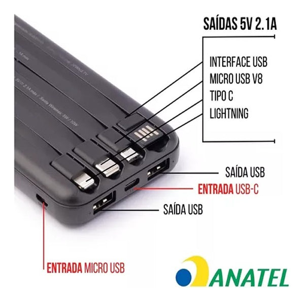 Carregador Portátil Power Bank 20.000 Universal Com Lanterna Cor Preto