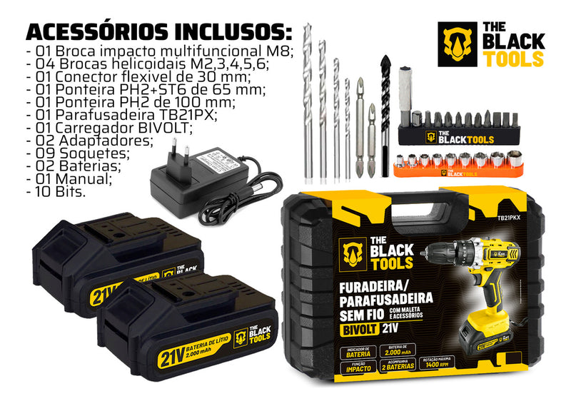 Furadeira E Parafusadeira De Impacto Bateria 21v 3/8 Tb-21pkx The Black Tools Com Maleta E Acessorios