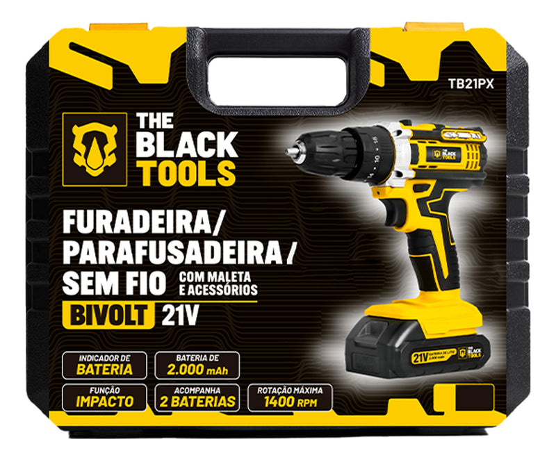 Parafusadeira Furadeira De Impacto Profissional 21v Modelo TB-21PX 2 Baterias Com Maleta The Black Tools 110/220V 60Hz Amarelo