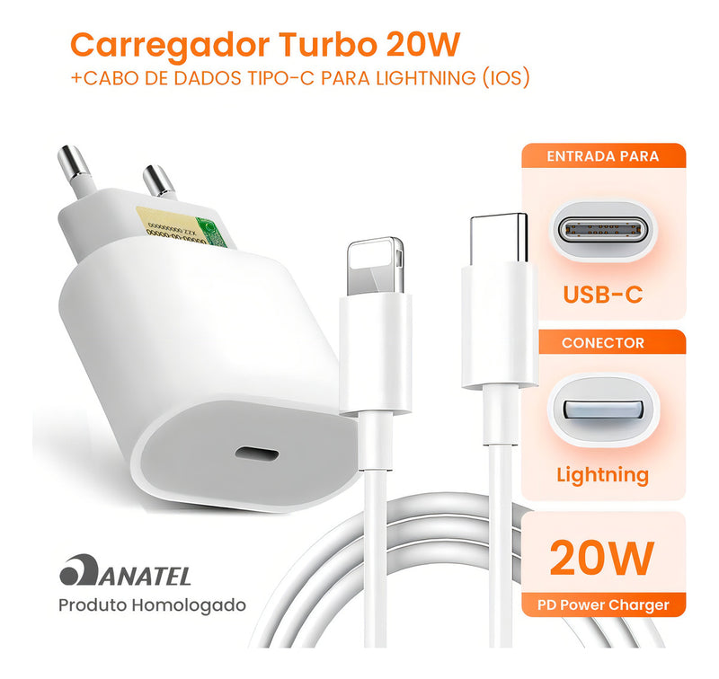 Carregador Turbo 20w Para iPhone 7 8 Plus X Xr 11 12 13 14 Pro Max Cor Branco