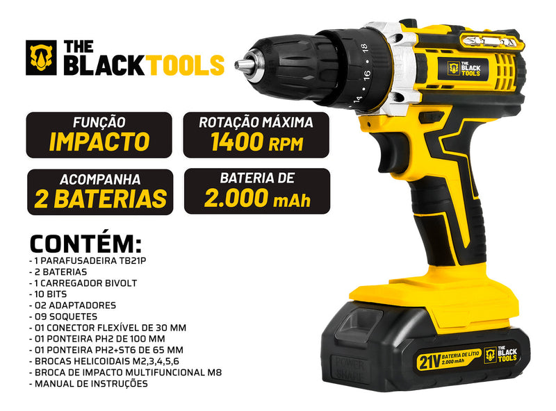 Parafusadeira Furadeira De Impacto Profissional 21v Modelo TB-21PX 2 Baterias Com Maleta The Black Tools 110/220V 60Hz Amarelo