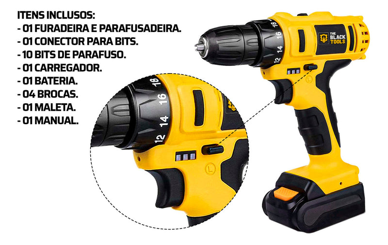 Parafusadeira Furadeira Sem Fio The Black Tools Bateria 12v Cor Amarelo e Preto Frequência 60 110V/220V