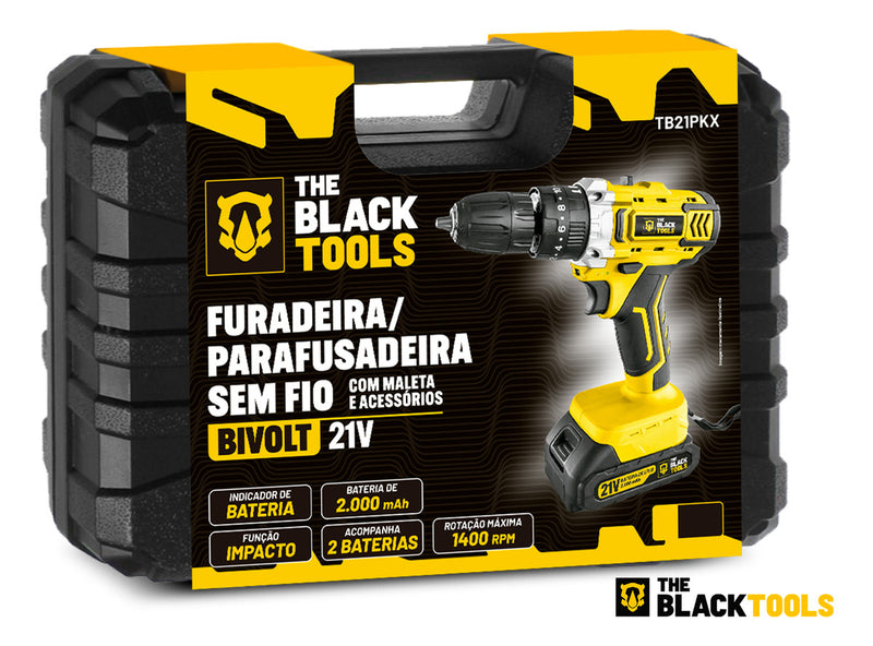 Furadeira E Parafusadeira De Impacto Bateria 21v 3/8 Tb-21pkx The Black Tools Com Maleta E Acessorios