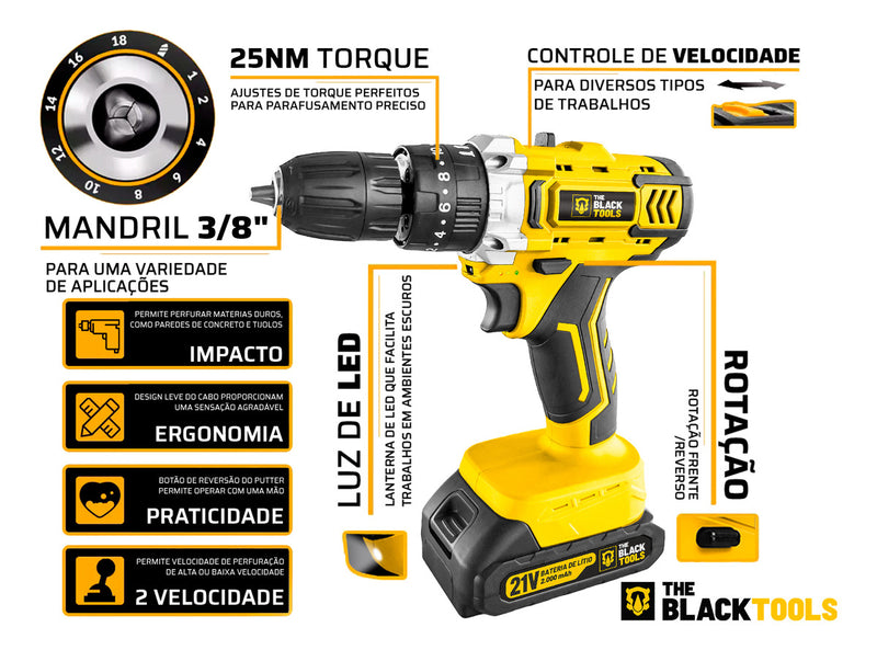 Furadeira E Parafusadeira De Impacto Bateria 21v 3/8 Tb-21pkx The Black Tools Com Maleta E Acessorios