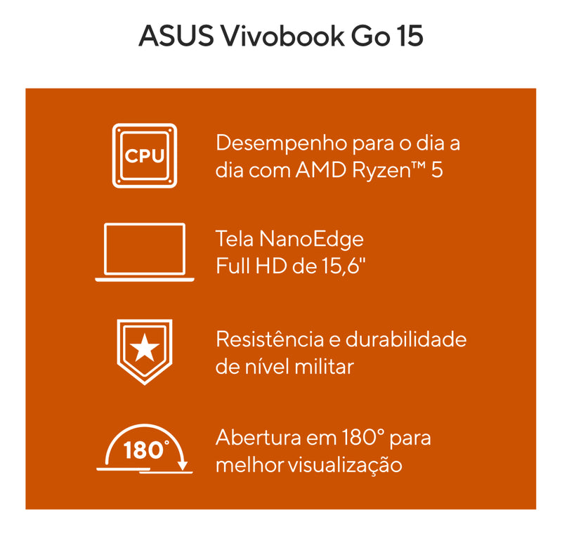 Notebook ASUS VivoBook Go 15 AMD Ryzen 5 7520U 8GB 512GB SSD KeepOS Tela 15,6" FHD Mixed Black - E1504FA-NJ732