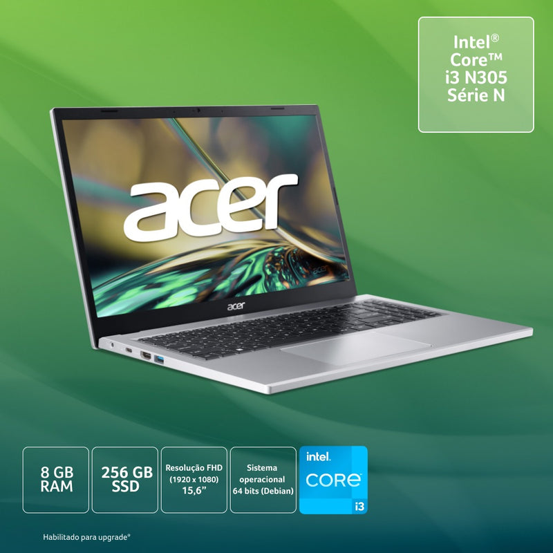 Notebook Acer Aspire 3 Intel Core i3– N305 FHD 15.6" LED TN UHD para processadores Inte 256GB SDD 8GB RAM Debian 64 bits Prata - A315-510P-320B